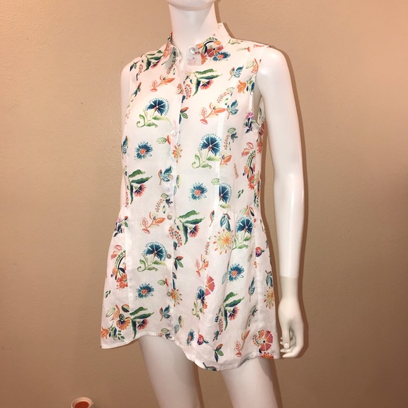 J Jill Love Linen Sleeveless Blouse Size XS Oversized White Floral Button Up - Picture 6 of 16